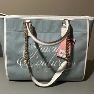 New Juicy Couture Blue & White Canvas Tote Bag with Rhinestones